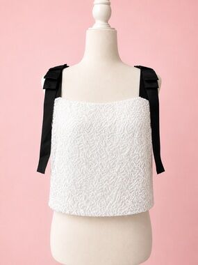 Custom-Made White Sequin Lace Cami Top with Black Bow Straps